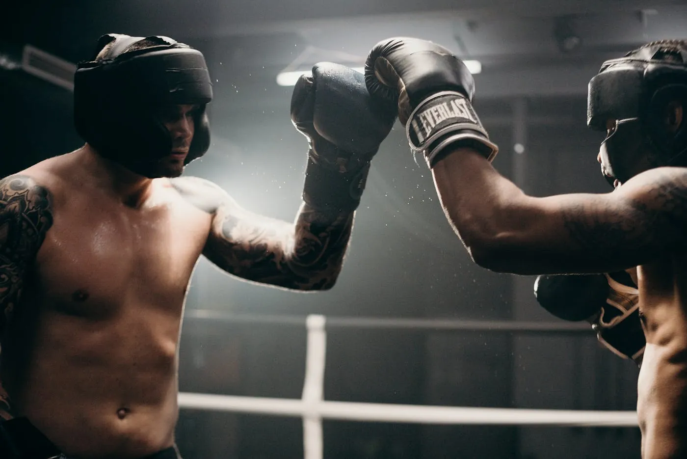 Boxer training with heavy bag